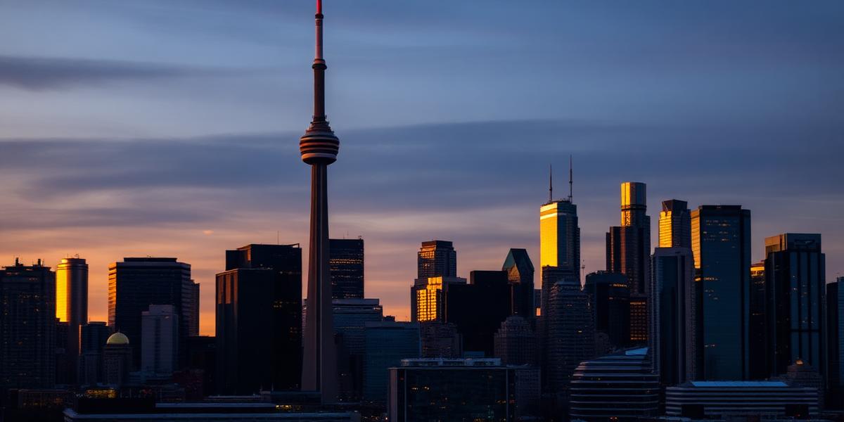 Toronto city skyline at dusk featuring the CN Tower and downtown financial district